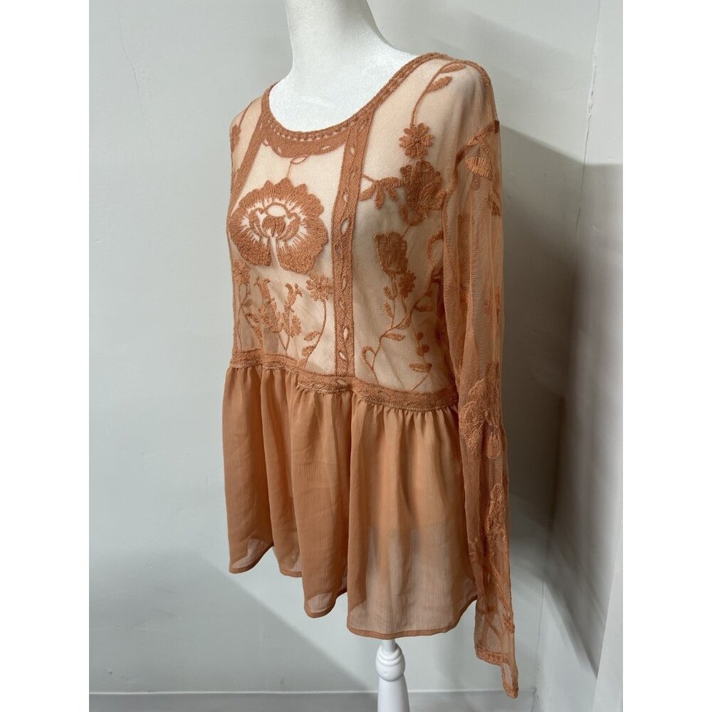 Vtg Large Peach Sheer Embroidered Lace Tunic Top Festival Boho Witchy Romantic - Picture 2 of 11